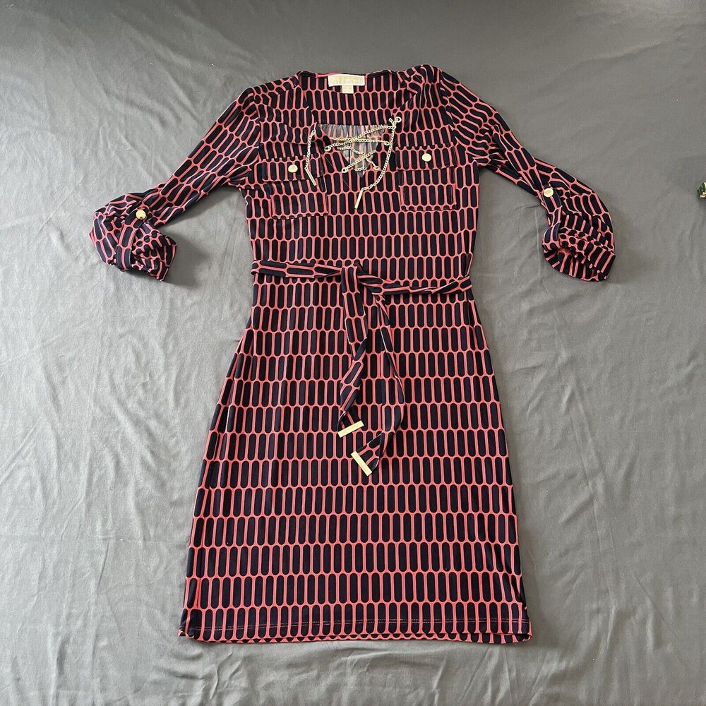 Michael Kors Coral Rose Red Blue Dress Gold Chain Accent - Picture 4 of 9